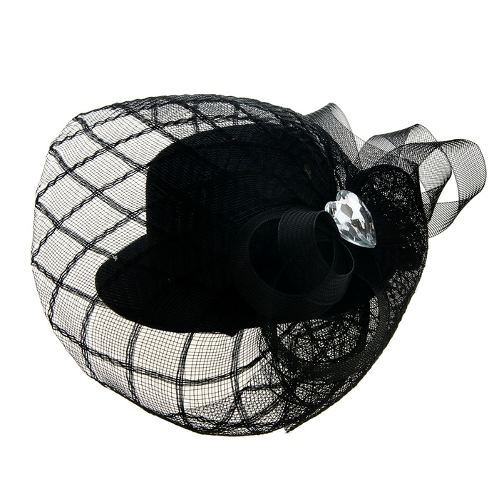 Карнавальный зажим шляпка и вуалетка камень, цвет черный