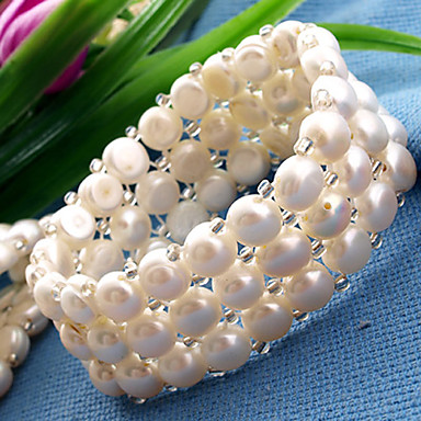 Женская Пресноводные White Pearl браслет 3 Ряд Широкий Strand браслет