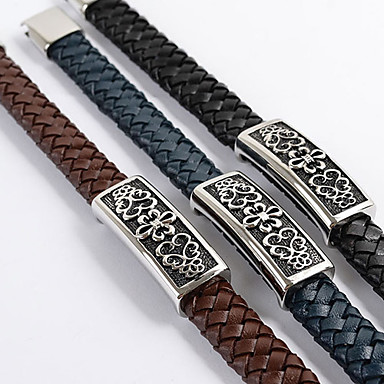 Нержавеющая сталь гравировки Цветок Weave Кожаный браслет