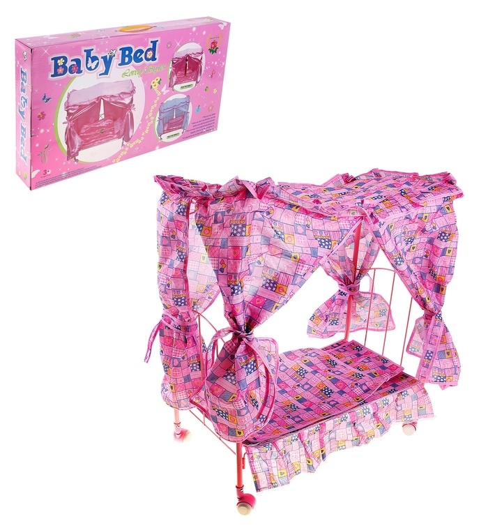 Кроватка для куклы, на колесиках, с балдахином