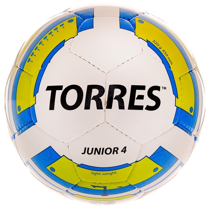 Мяч футбольный TORRES Junior-4 р.4, ПУ, бело-желто-голубой