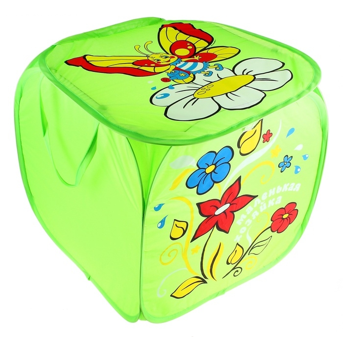 Корзина для игрушек Цветы и бабочка с ручками и крышкой