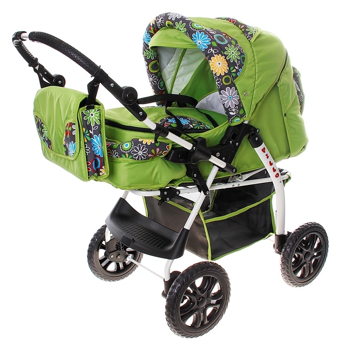Коляска Pillo, переноска, дождевик, москитная сетка, сумка, корзина, зеленая с рисунком