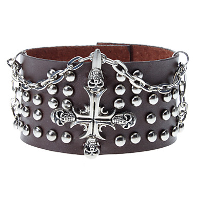 Панк Стиль Rivet Crossbones Черный кожаный браслет