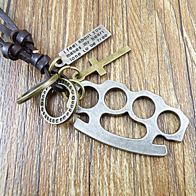 Классический (неправильной Кулон) Коричневая кожа Винтаж ожерелье (серебро) (1 шт)