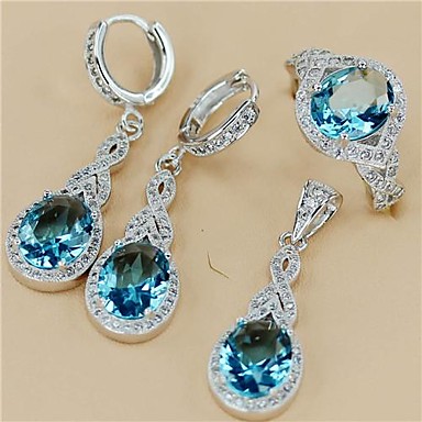 Мода 925 Посеребренная медь Голубой циркон серьги кольцо и Подвески Комплект