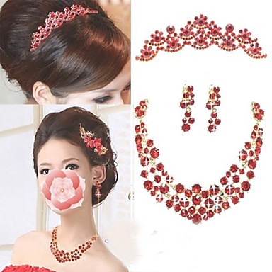 Красный Многослойные Rhinestone короны серьги ожерелья