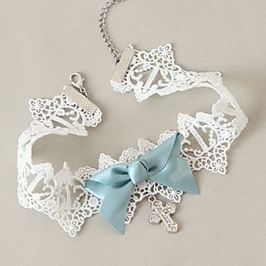 С бриллиантами крест и синий Bowknot White Lace ожерелье