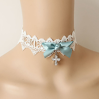 С бриллиантами крест и синий Bowknot White Lace ожерелье