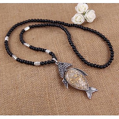 1 шт) Европейская (длинное ожерелье из янтаря Gemstone Fish) Blackandwhite сплава ожерелье (серебро)