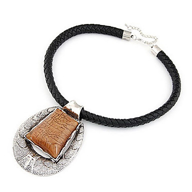 Этническая (Овальный кулон) Черный кожаный себе ожерелье (черный, белый, королевский синий, кофе) (1 шт)