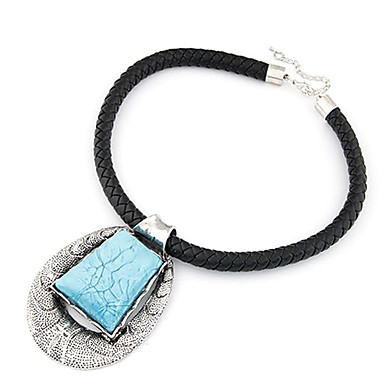 Этническая (Овальный кулон) Черный кожаный себе ожерелье (черный, белый, королевский синий, кофе) (1 шт)