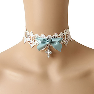 С бриллиантами крест и синий Bowknot White Lace ожерелье