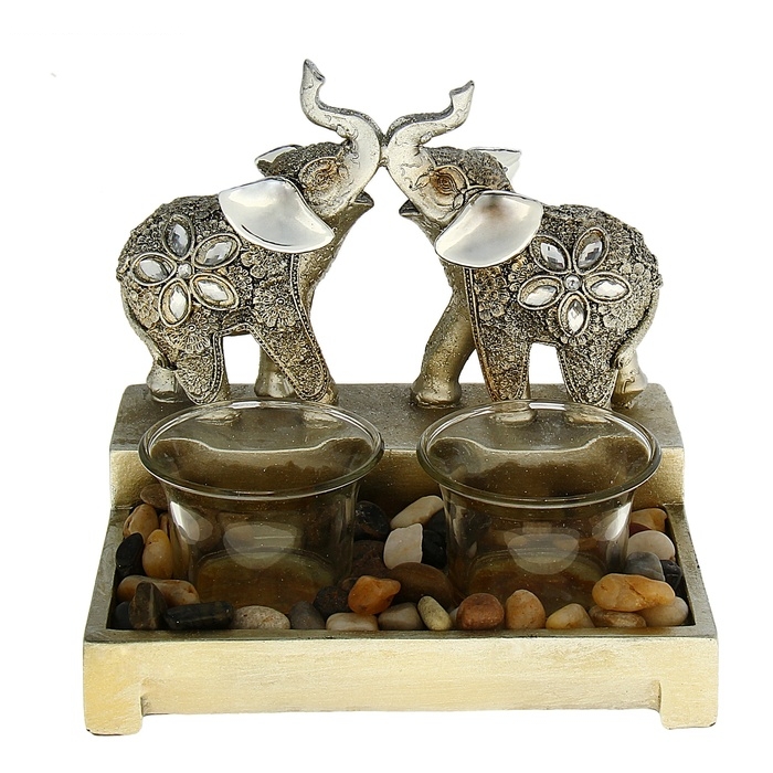 Подсвечник на две свечи Два индийских слона с серебряными ушками