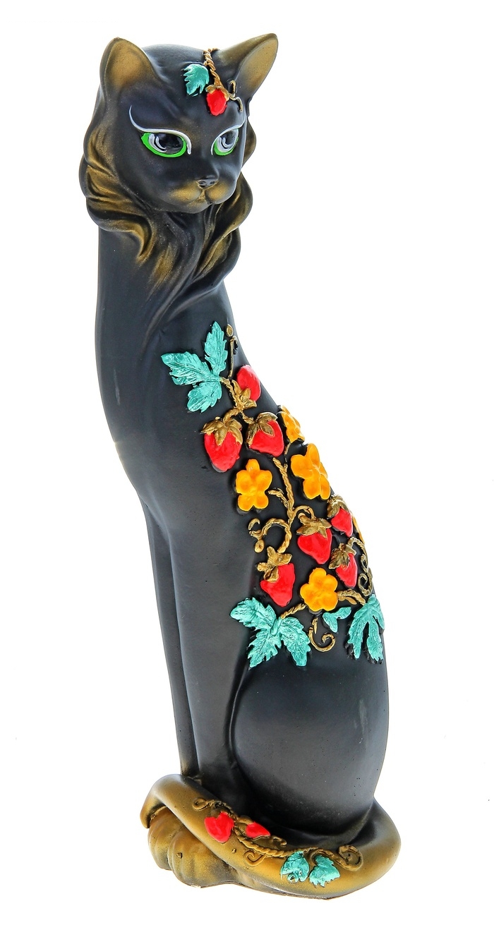 Сувенир кошка Маркиза Клубника№2 чёрн/золото гипс