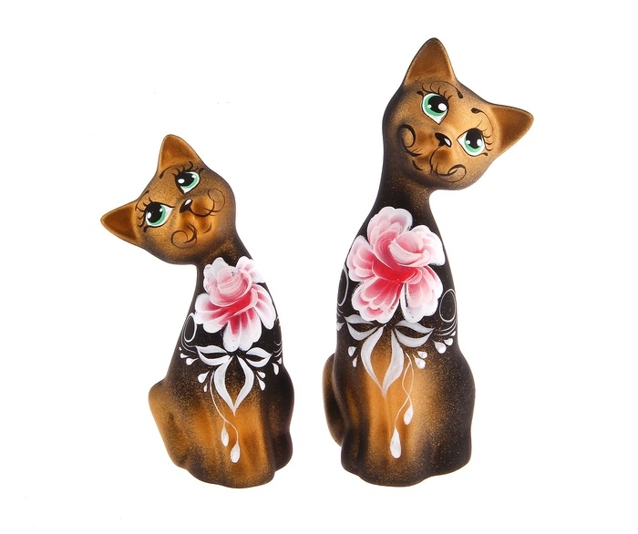 Сувенир Лав коты ушастые 18 см черные золото 215 (набор 2 шт)