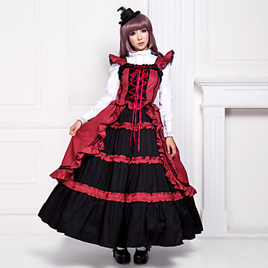 без рукавов длиной до пола, красный и черный хлопок Готическая Лолита платье