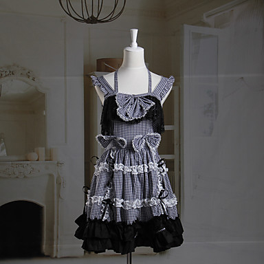 Рукавов короткий черный шаблон проверки хлопок сладкий Лолита платье с бантом