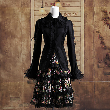 длинный рукав вспышки черной блузке и длиной до колена цветочные юбки хлопка панк лолита наряд