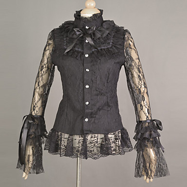 Кружева с длинным рукавом черного хлопка воротник стойка Готическая Лолита блузка с кружевом
