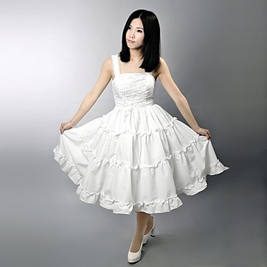 Рукавов чай ​​длины атласная Чистый белый классический Лолита платье