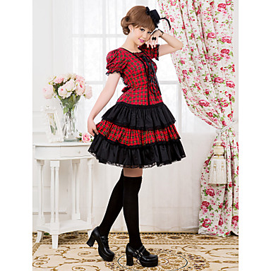 С коротким рукавом длиной до колен красный и черный шаблон проверки Хлопок nk Лолита платье