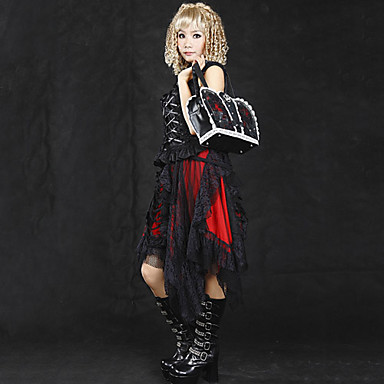 Чай длины черный и красный кружево хлопок Готическая Лолита юбка (Талия: 66см-80см)