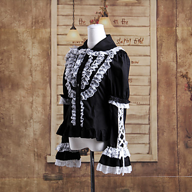 с длинным рукавом черного хлопка белого кружева аристократа Готическая Лолита блузка