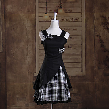 Рукавов короткий черный шаблон проверки хлопок сладкий Лолита платье