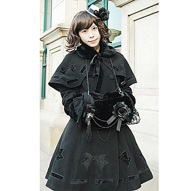 длинный рукав черный бант шаблон flanel Gothic Lolita пальто