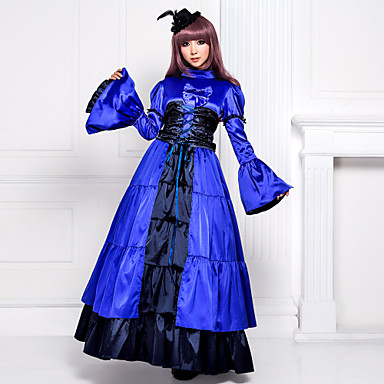 Длиной до пола, с длинным рукавом Royal Blue атласная викторианской Готическая Лолита платье