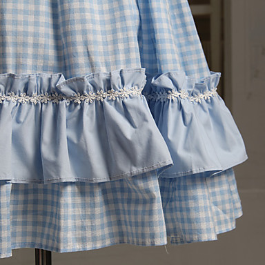 Рукавов длиной до колена голубой шаблон проверки хлопок сладкий Лолита платье