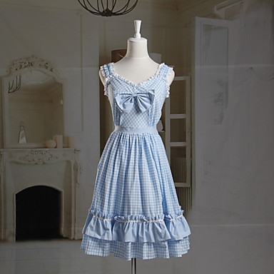Рукавов длиной до колена голубой шаблон проверки хлопок сладкий Лолита платье