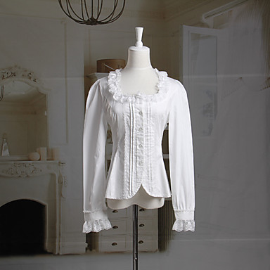 Длинные рукава отделкой рябить квадратный вырез Белый хлопок сладкий Лолита блузка с рюшами