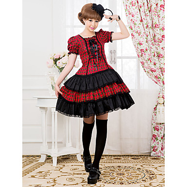 С коротким рукавом длиной до колен красный и черный шаблон проверки Хлопок nk Лолита платье