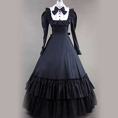 Футболки с длинным рукавом длиной до пола, черный хлопок Готическая Лолита платье