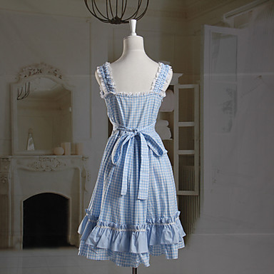 Рукавов длиной до колена голубой шаблон проверки хлопок сладкий Лолита платье