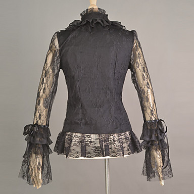 Кружева с длинным рукавом черного хлопка воротник стойка Готическая Лолита блузка с кружевом