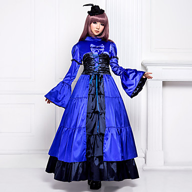 Длиной до пола, с длинным рукавом Royal Blue атласная викторианской Готическая Лолита платье