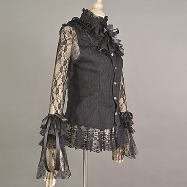 Кружева с длинным рукавом черного хлопка воротник стойка Готическая Лолита блузка с кружевом