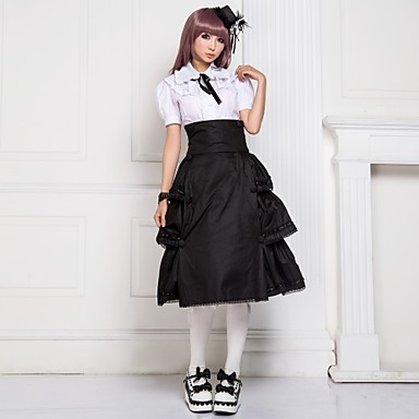 Длиной до колена с коротким рукавом белая блузка и черная юбка хлопок Классическая Лолита техники