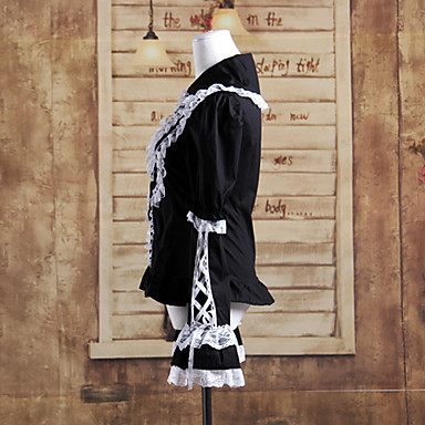 с длинным рукавом черного хлопка белого кружева аристократа Готическая Лолита блузка