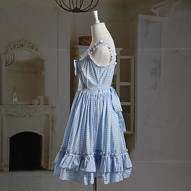 Рукавов длиной до колена голубой шаблон проверки хлопок сладкий Лолита платье