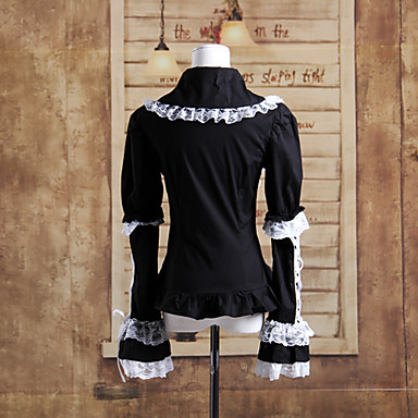 с длинным рукавом черного хлопка белого кружева аристократа Готическая Лолита блузка