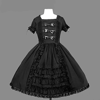С коротким рукавом длиной до колен черного хлопка Ретро Стиль Классический Лолита платье