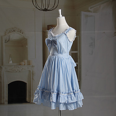 Рукавов длиной до колена голубой шаблон проверки хлопок сладкий Лолита платье