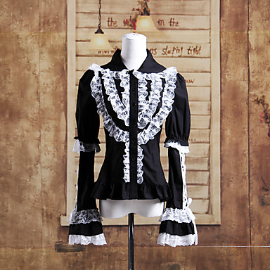С длинным рукавом черного хлопка белого кружева Аристократ Готическая Лолита блузка