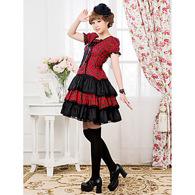 С коротким рукавом длиной до колен красный и черный шаблон проверки Хлопок nk Лолита платье