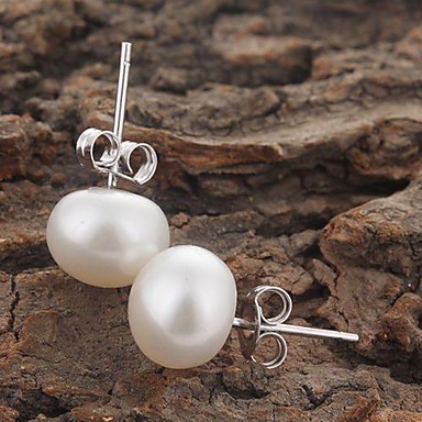 Титан Серебро Белый Пресноводный Культурный кнопки Pearl Stud Earrings С с подарочной коробке (8-9мм)