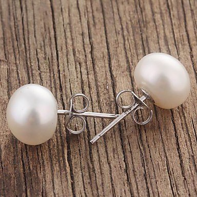 Титан Серебро Белый Пресноводный Культурный кнопки Pearl Stud Earrings С с подарочной коробке (8-9мм)